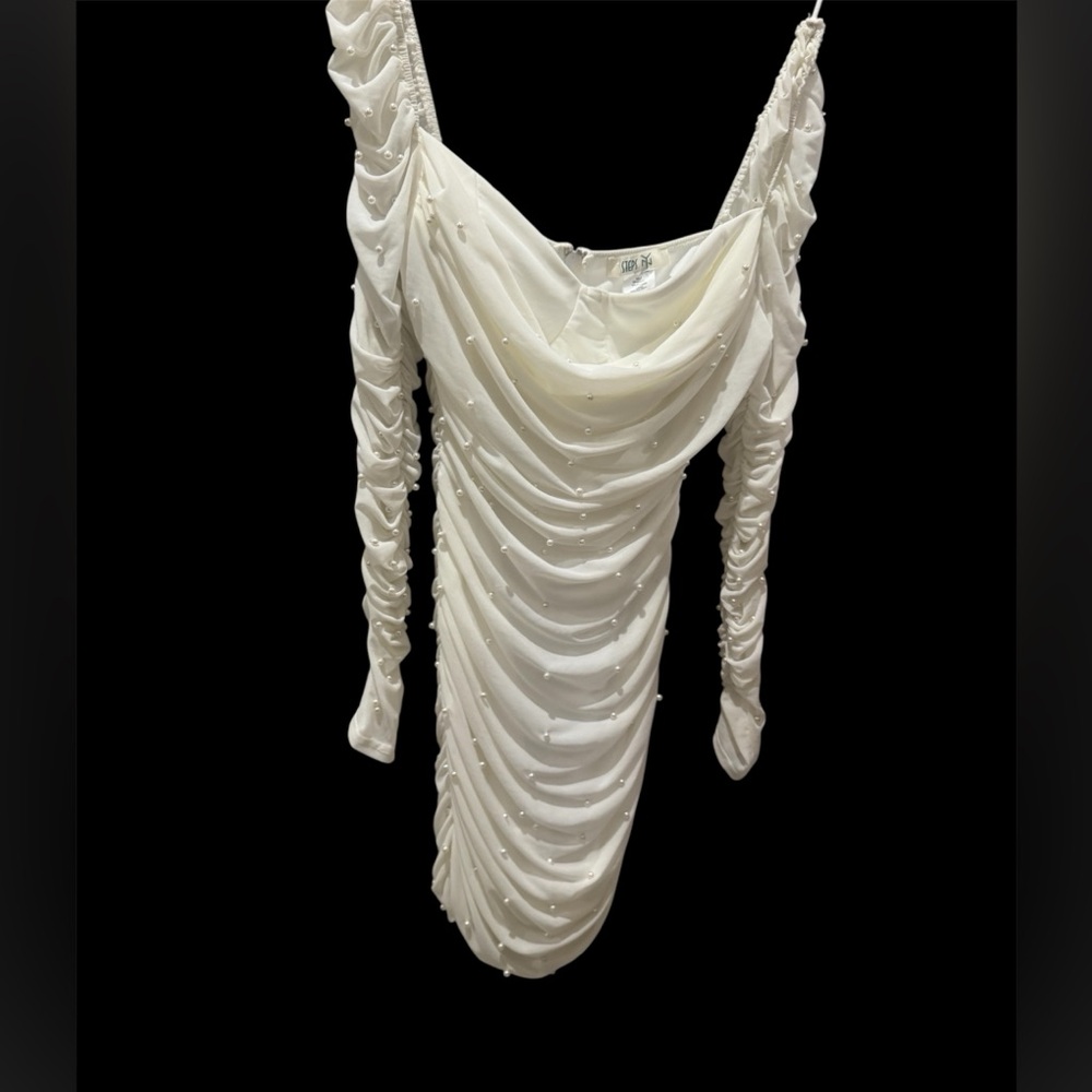 Pearl-Embellished Ivory Draped Long-Sleeve Dress
